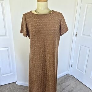 Vintage Brown Textured Knit Dress with Gold Detail | Scalloped Sleeve Midi